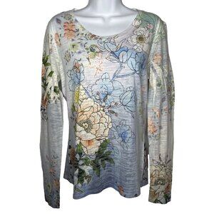 Sundance Long Sleeve Knit Burnout T-shirt Size M Blue Watercolor Floral